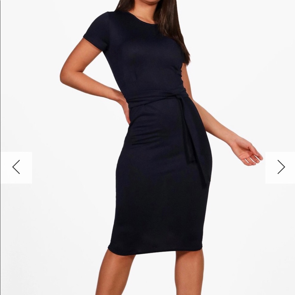 PLEAT FRONT BELTED TAILORED MIDI DRESS